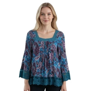 Blusa Sundance Mujer Grande Azul Púrpura Paisley 100% Seda Boho Crochet Encaje Top - Imagen 1 de 11