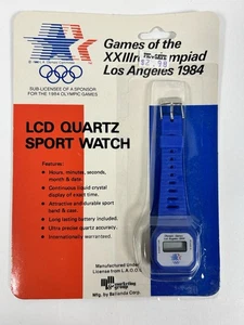Vintage 1984 Olympics LCD Quartz Sport Wrist Watch Blue NEW IN PACKAGE NOS - Picture 1 of 2