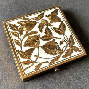 Vintage Rex Fifth Avenue kompakt Emaille graviert Messing Etui Spiegel Puderquaste - Bild 1 von 14