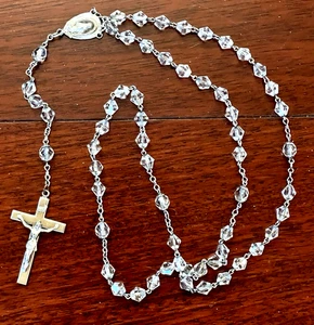 Rosario Vintage Facetado Cristal Transparente Cuentas Tono Plata Cruz y María 20" - Imagen 1 de 4