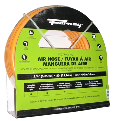 Manguera de aire de PVC Forney 1/4 x 50 pies naranja con accesorios NPT de 1/4 tapa de 300 PSI - 75047 Foto 1 de 2