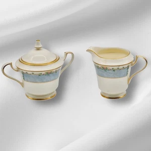 MIKASA Town Place LAN34 Sugar Bowl Lid Creamer Blue Marble Band Pink Flowers - Picture 1 of 12