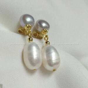 Pearl Stud Earrings Dangle Drop White gray Akoya Baroque HQ 14k Gold P - Picture 1 of 7