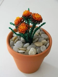 Handmade french beaded Flower potted marigold plant in clay pot with rocks - Picture 1 of 1