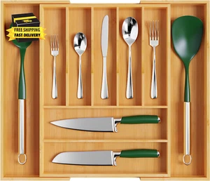 Large Premium Bamboo Silverware Organizer - Expandable Drawer Organizer & Utensi - Picture 1 of 9