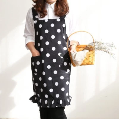 Lady Spotted Ruffle Pocket Waterproof Apron Pinafore Dress Home Cook Work Modern - Image 1 of 4