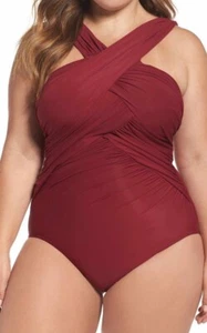 Miraclesuit Size 16W Crossover Shirred Compression Burgundy One-Piece Swimsuit - Picture 1 of 8