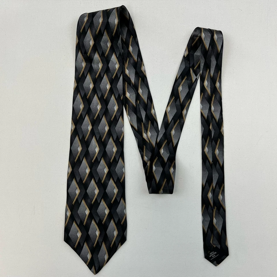 Gravata masculina Zylos George Machado cinza dourada geométrica 100% seda amarrada clássica - Imagem 1 de 4