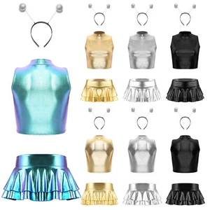 Damen Kostüm Tanz Outfits Alien Kleid Mini Metallic Raum Wet Look Festival Crop - Picture 1 of 34