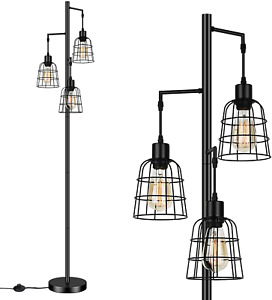 Industrial 3-Light Tree Floor Lamp with Cup-Shaped Cages Farmhouse Rustic Tall S