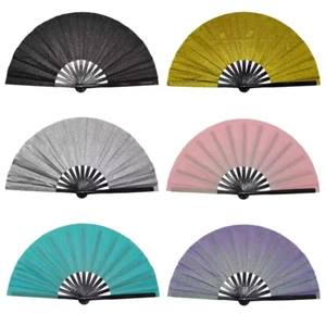 Glitter Folding Hand Fan Black Large Bamboo Rave Clack Handheld For Woman / Men - Picture 1 of 10