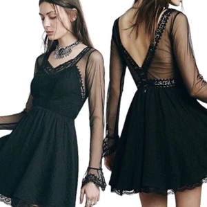 Free People Victorian Black Lace Goth Sheer Mesh Mini Dress Size 10 New - Picture 1 of 12