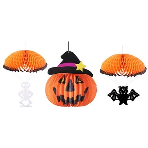 1 Set 3 Pcs Halloween Pumpkin Bat Skull Honeycomb Paper Lanterns (Orange) - Picture 1 of 12