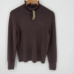 J.Crew Mock Neck Ruffle Wool Blend Ribbed Sweater Women Medium Brown BJ571 NWT - Picture 1 of 5