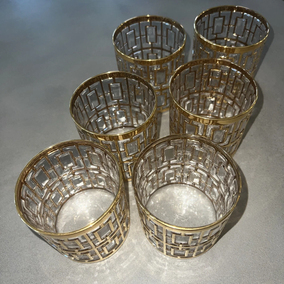 De colección Imperial SHOJI Enrejado 6 Vasos Oro 22K Antiguo Cóctel MCM Foto 1 de 4