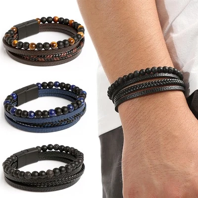 Männer Schichten geflochtenes Leder Perlen Armband mit Tiger Auge - Bild 1 von 4