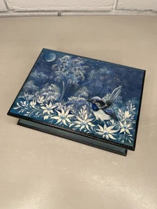 Vintage Playing Card Wooden Box Bird In Blue Moonlight Hand Painted Signed - Picture 1 of 14