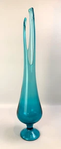 RARE 24" LE Smith Mid-Century Peacock Blue Large Footed Swung Glass Vase VG Cond - Picture 1 of 10