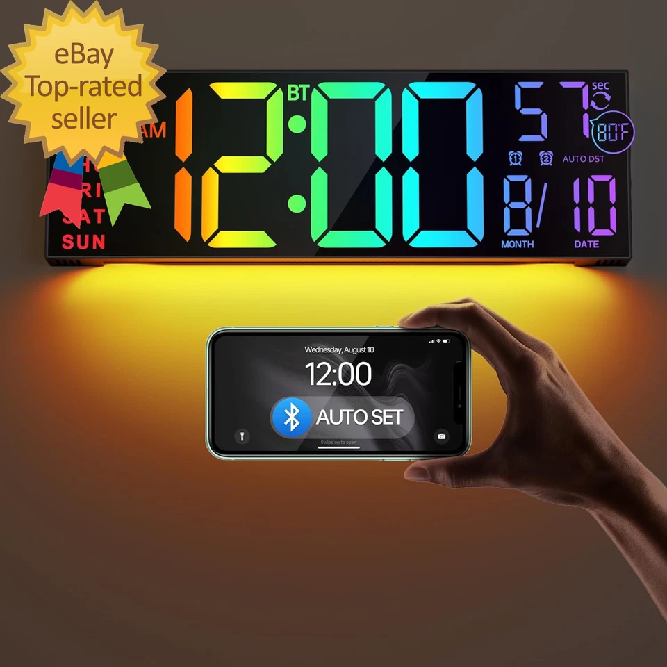 16.2" Large Digital Wall Clock with Seconds, Bluetooth Sync, Alarm Big LED, RGB - Image 1 of 1