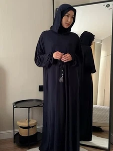 Eid Women Hooded Robe Dubai Solid Color Loose Long Sleeves Turkey Casual Dress - Foto 1 di 26