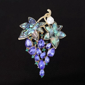 Women's Purple Crystal Rhinestone Abalone Shell Grapes Brooch Pin - Picture 1 of 3