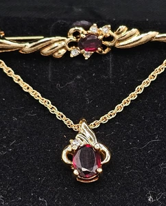 Vintage Gold-Tone Garnet Pendant Necklace & Matching Brooch Set - Picture 1 of 14