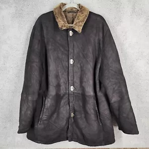 Salvatore Ferragamo Men's 58 Black Leather Coat Shearling Collar Made in Italy - Picture 1 of 15