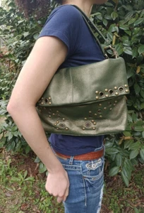 HOBO INTERNATIONAL studded grommet green metallic leather convertible handbag - Picture 1 of 8