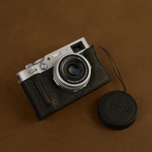 Handmade Genuine Leather Lens Cap and Camera Half Case for Fuji X100V Black - Picture 1 of 5
