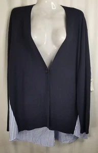 Chico's Cardigan Sweater Shirting Stripe Back Open Front Navy NEW Size LARGE - Picture 1 of 6