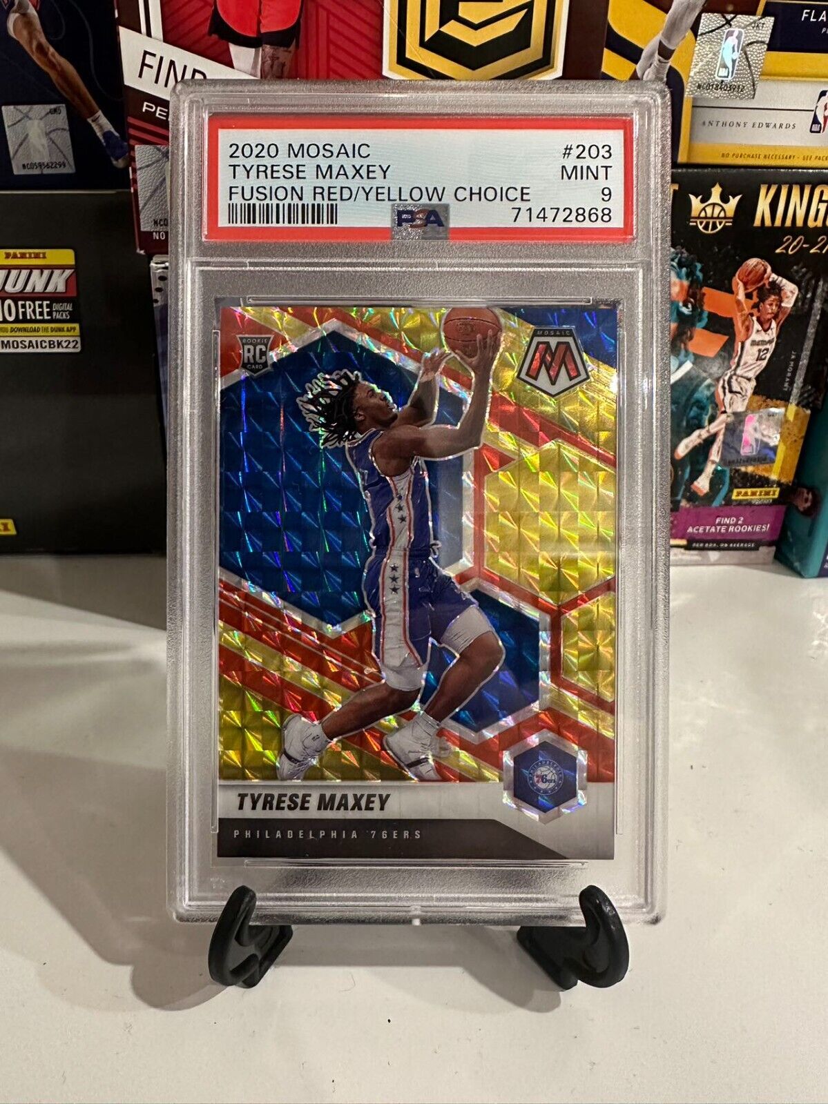 2020 Panini Mosaic 203 Tyrese Maxey Rookie Fusion Red/Yellow Choice /88 PSA 9!!!