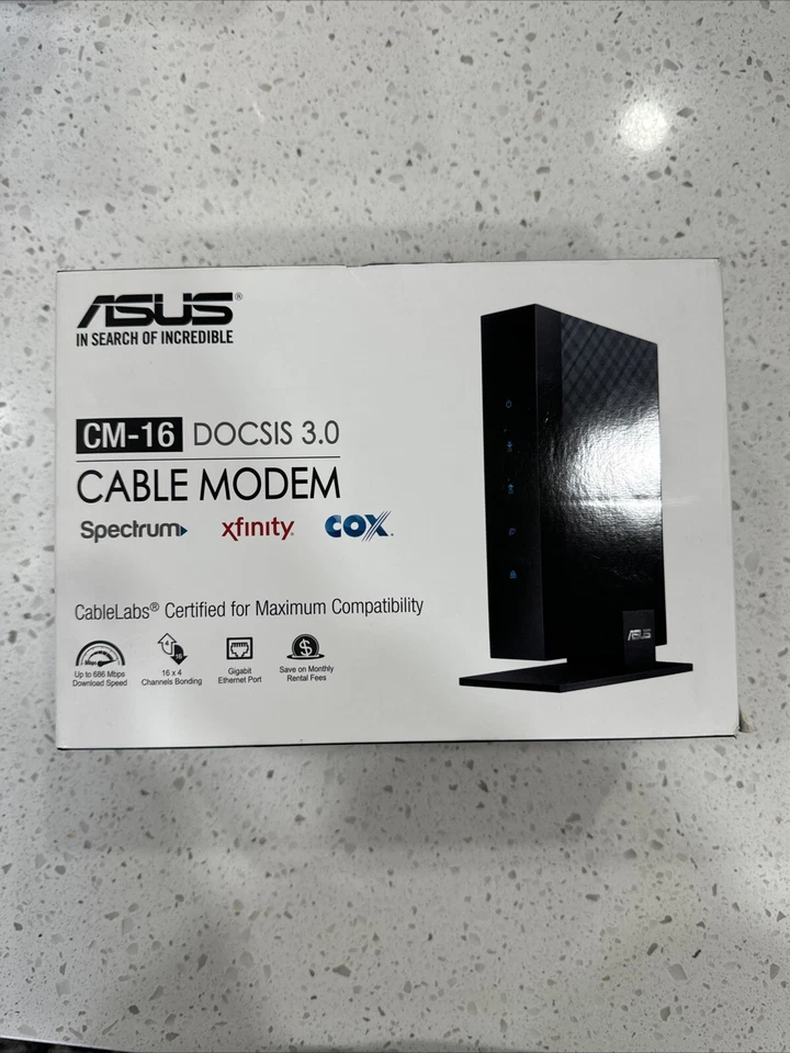 Asus CM-16 DOCSIS 3.0 Cable Modem Gigabit LAN 686Mbps w Power Cord & Ethernet  - Image 1 of 4