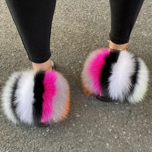 Multicolor Women's Real Fox Fur Slides Max Large XXL Slipper Furry Flat Shoes - Picture 1 of 2