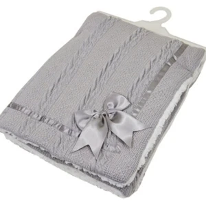 Baby Wrap Cheveron Cable Knit Bow Soft Sherpa Back Pram Blanket Grey Soft Touch - Picture 1 of 3