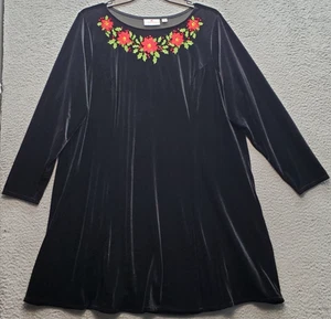Quacker Factory Christmas Velvet Boho Dress Womens 2X Black Embroidered Flowers - Picture 1 of 6