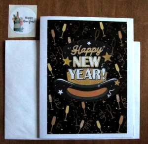 Handmade Happy New Year Greeting Card w Verse, Env, Seal - Big New Year's Hat - Picture 1 of 7