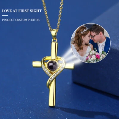 Collar Cruz Corazón Amor Proyección Foto Personalizada Personalizada Memorial Foto 1 de 2