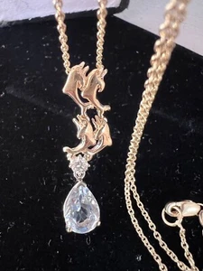 14K Yellow Gold Natural 1.72CT Aquamarine Diamond Dolphin Pendant  Chain 18"NEW - Picture 1 of 13