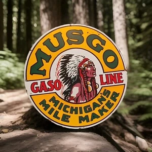 KEIN PORZELLAN Musgo Gasoline Gas Michigan's Mile Maker EMAILLESCHILD 50 cm Durchmesser - Bild 1 von 23