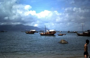 Kodachrome Slide, July 1977, Small wooden junk / House boats off Hong Kong Beach - Picture 1 of 1