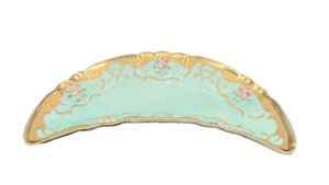 Plato de tocador vintage Arnart Japón verde azulado en forma de luna Moriage baratija dorado y floral - Imagen 1 de 12