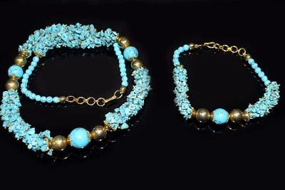 Blue Turquoise Chips & Round Shape Gemstone 18" Necklace 7" Bracelet For Girls - Image 1 of 4