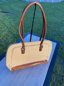 Coldwater Creek Handbag Women Cream Canvas Faux Leather Tote Purse Shoulder Bag - Picture 1 of 6