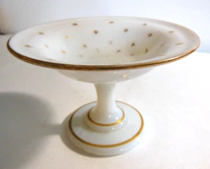 Antique Portieux Vallerysthal French White Opaline Glass Footed Dish, Gold Stars - Picture 1 of 5