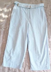 Alfred Dunner Blue White Seersucker Striped Capri Petite Sz 10P Belt Pockets - Picture 1 of 13