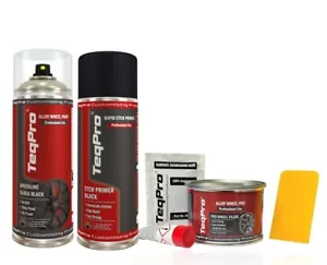 Kit de reparación de llantas de aleación NEGRO BRILLANTE + NEGRO imprimación de grabado + relleno de ruedas - Imagen 1 de 4