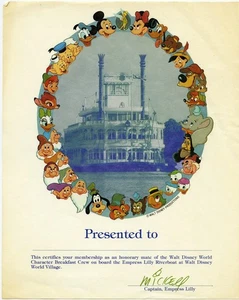 Walt Disney World EMPRESS LILLY Riverboat 1985 Dining Certificate History Vault - Picture 1 of 8