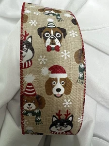 10 Yards 2.5 Inch Wired Ribbon Christmas Dogs Tan Canvas Snowflakes Pets - Picture 1 of 1