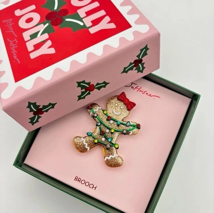 Betsey Johnson Jingle Bell Bling Gingerbread Girl Brooch Pin Gold Tone Holiday - Image 1 of 4