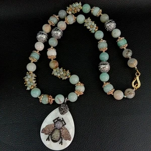 Natural Green Amazonite Necklace White Shell CZ Beetle Pendant 26" - Picture 1 of 5
